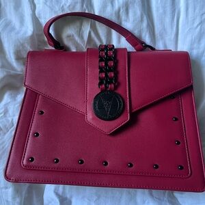 Chic Red Satchel with Chain Detail